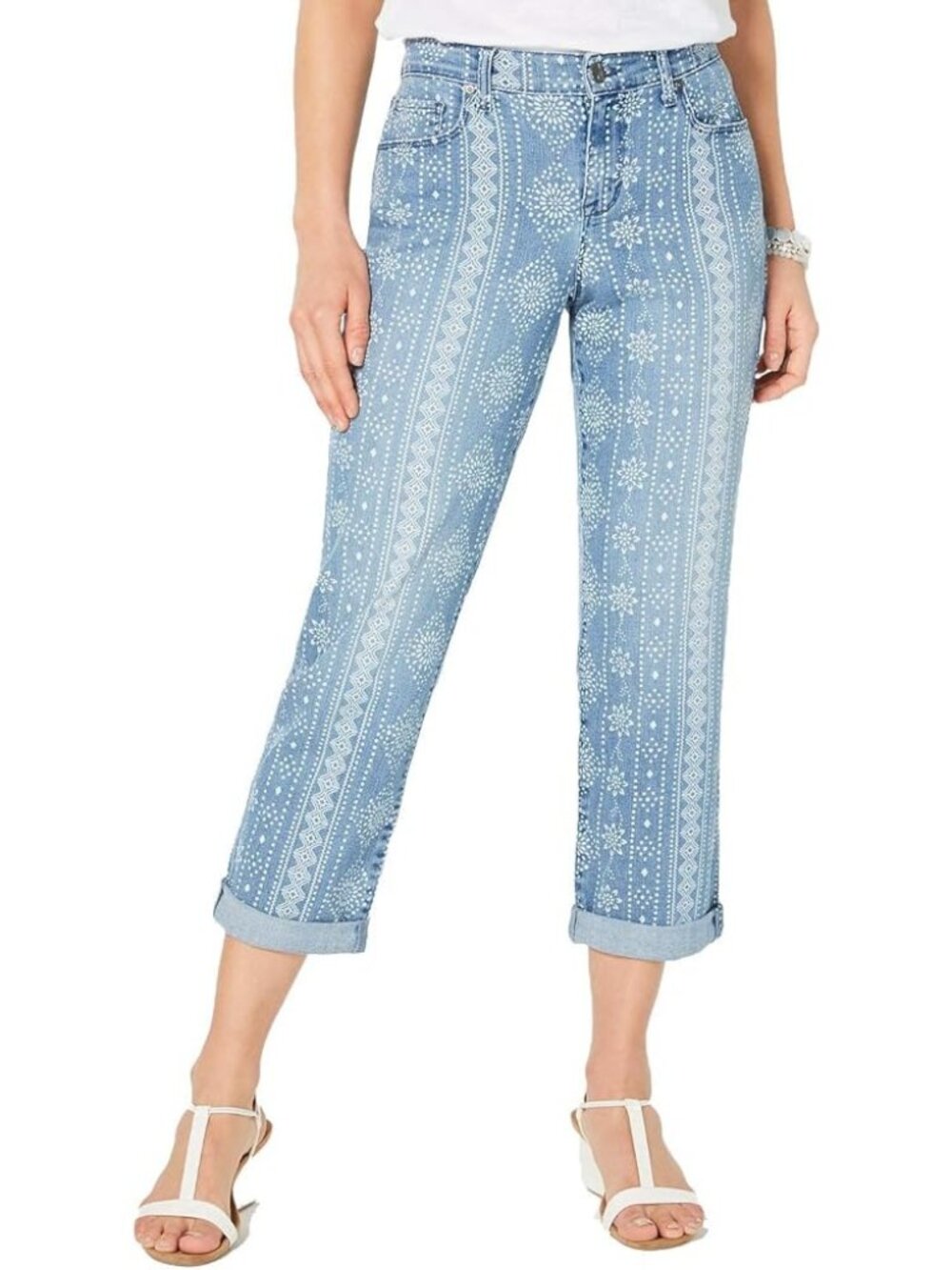 Style & Co Curvy Mid-Rise Printed Boyfriend Jeans 8 | Dark Boho Coastal Cowgirl